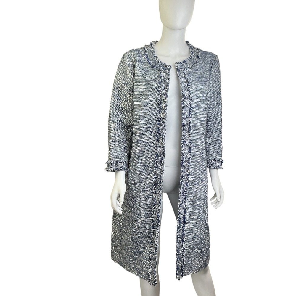 Anne‎ Klein Blue White Tweed Longline Fringed Topper Jacket Size 12 NEW - Picture 10 of 16